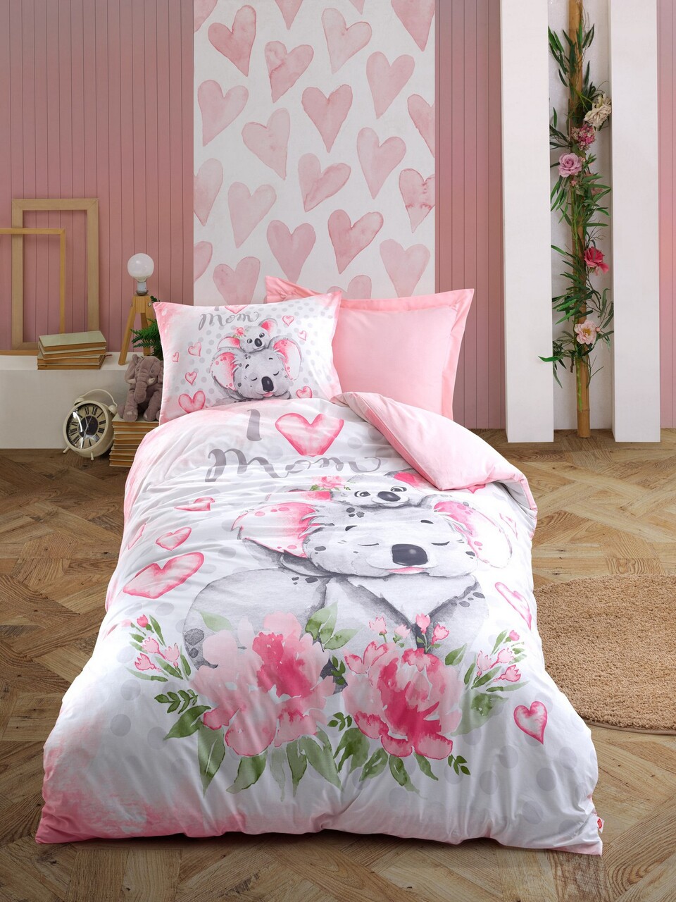 Lenjerie de pat pentru o persoana Young, 3 piese, 160x220 cm, 100% bumbac ranforce, Cotton Box, Koala, roz - imagine 3